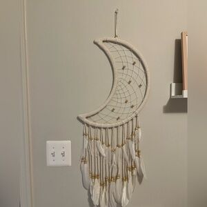 Boho Crescent Moon Dreamcatcher Wall Decor Beads & Feathers - Cream